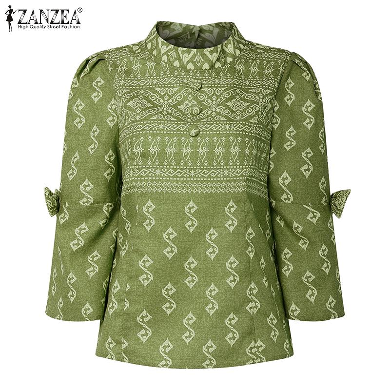 ZANZEA Women Casual Round Neck Ethnic Print 3/4 Sleeve Blouse