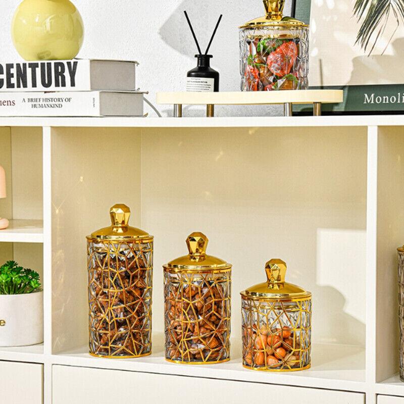 1PC Multifunctional Storage Tank Light Retro Pattern Transparent Sealed Jar Luxury Golden Lid Candy Coffee Bean Storing Jar