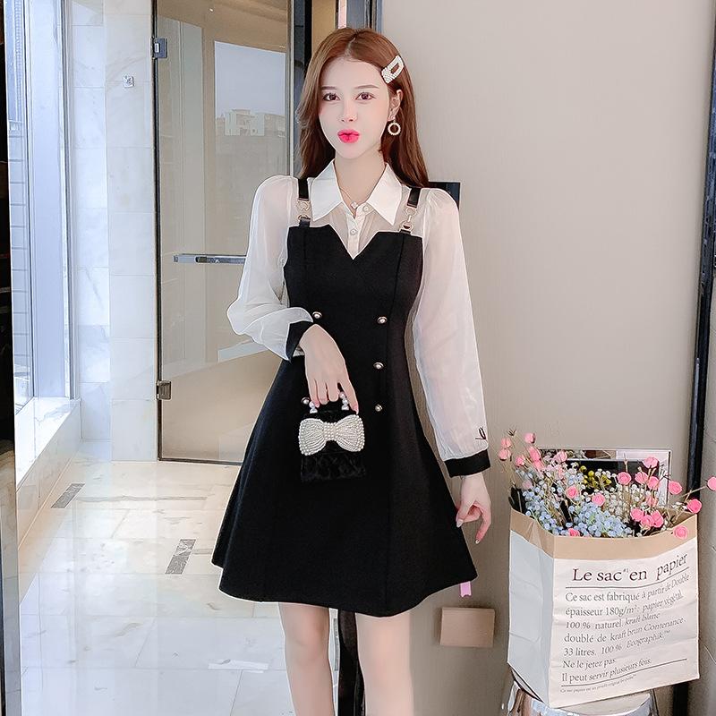 Spring new fake two-piece dress women's clothing spring small man waist thin bottom small black skirt