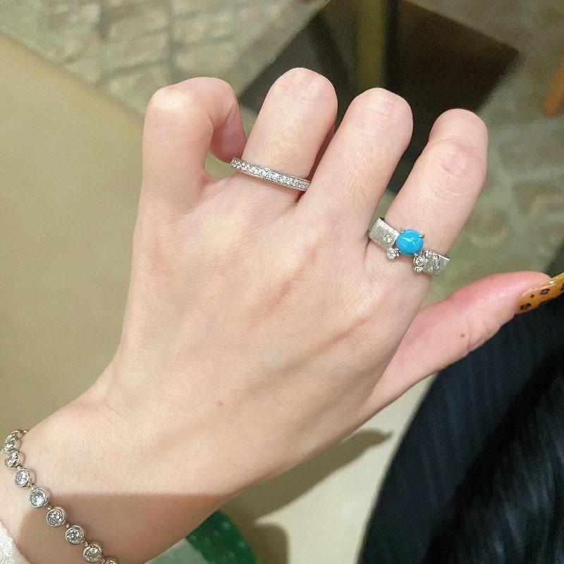 Vintage Chinese Brushed Four-Claw Turquoise Ring, Hand-Brushed Satin Design, National Style, Small And Exquisite Ring.