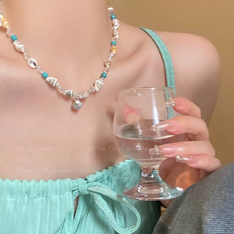 Dopamine shell beaded collarbone chain women's light luxury design accessories seaside vacation necklace