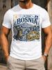 M From Bosnia Take Me To America Vintage Stamp Layout Coffee Pot Bridge Ribbon Blue Gold Travel Unisex All TShirt