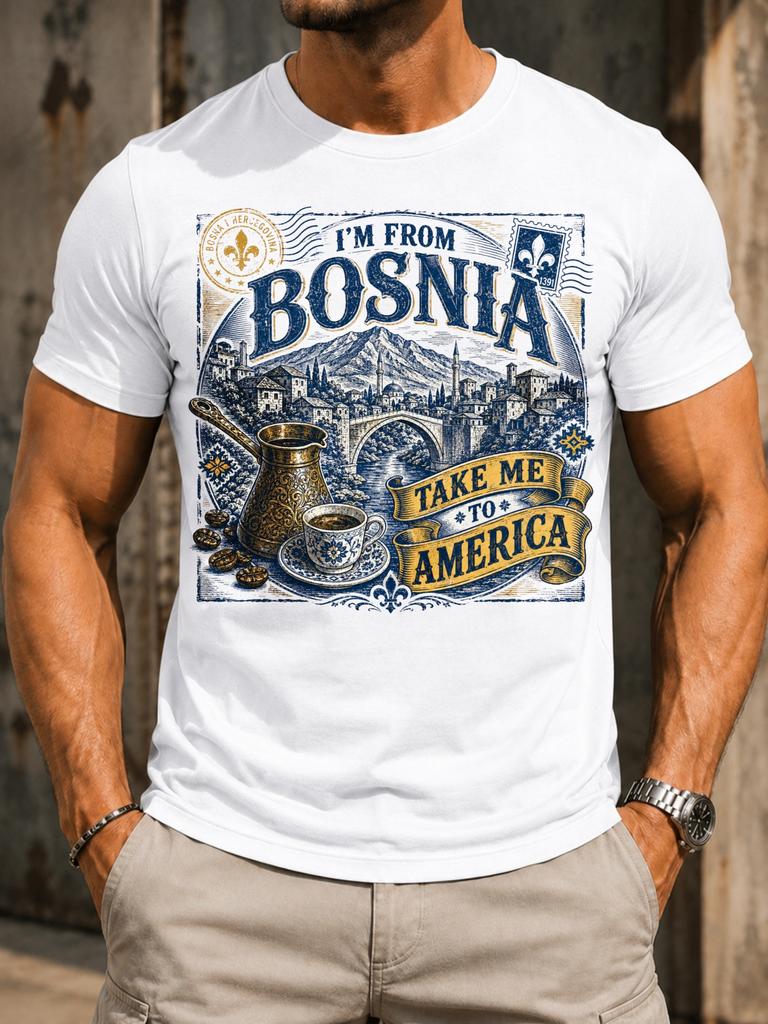 M From Bosnia Take Me To America Vintage Stamp Layout Coffee Pot Bridge Ribbon Blue Gold Travel Unisex All TShirt