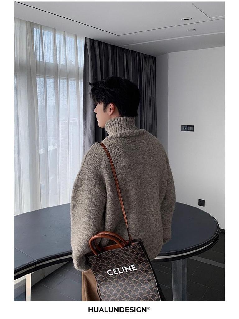 2025 Men's High Neck Korean Style Knitted Sweater - Autumn/Winter Trendy Loose Fit Wool Top