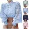 Camicie patchwork di pizzo da donna con colletto alla coreana Camicie casual con maniche a petalo di fiore scavate Camicie bianche da donna