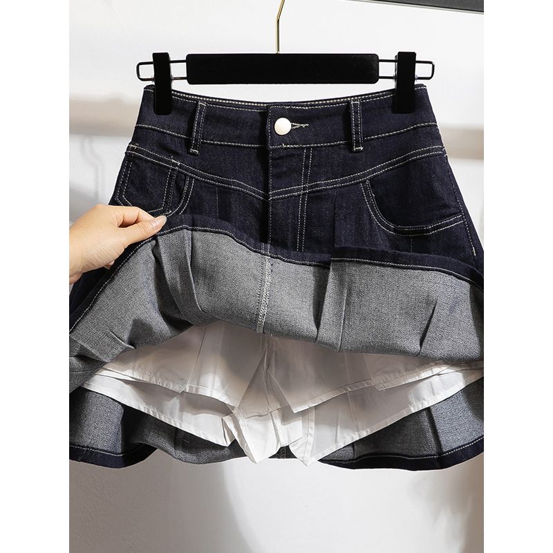 College Sweet Plus Size Denim Skirt A- Line High Waist Pleated Slim-Fit Cover Fashion Tape Lining Skirt M-4XL