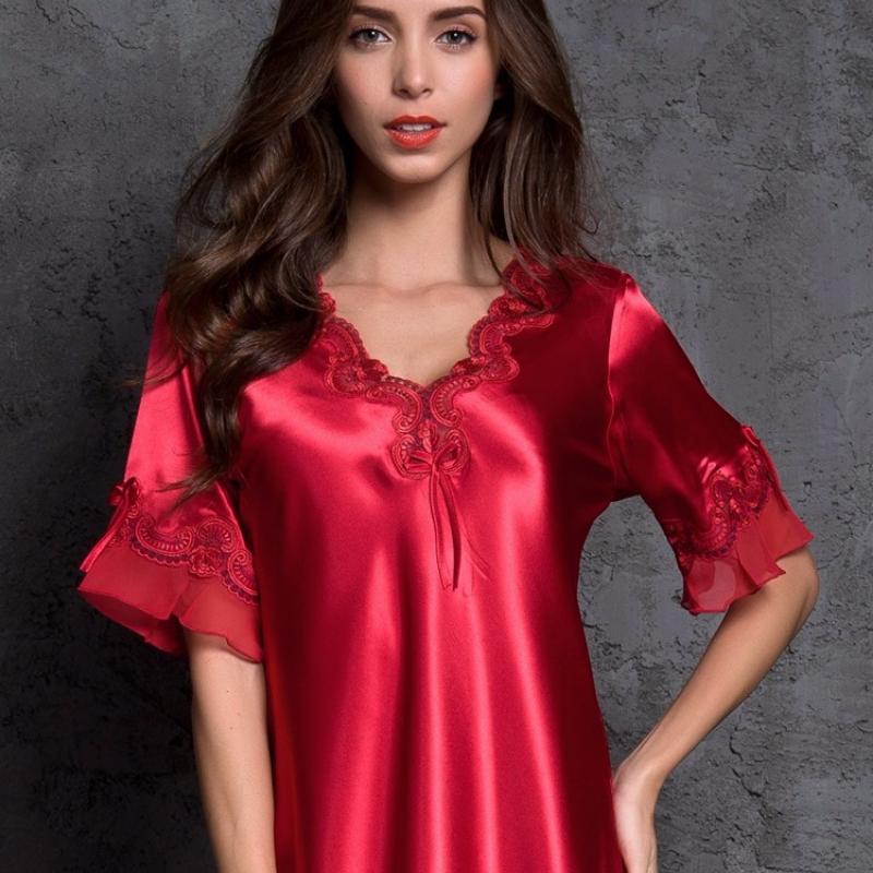 Ice Silk Lace Mini Dress Bottom Dress Nightwear Short Sleeve Nightdress V Neck Autumn Korean Classic Basic Elegant Homewear