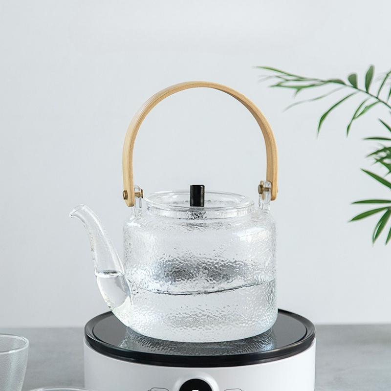 High Temperature Resistant Hand Crafted Hammer Textured Glass Teapot with A Handle Steaming Boiling Dual Purpose Tea Making Pot
