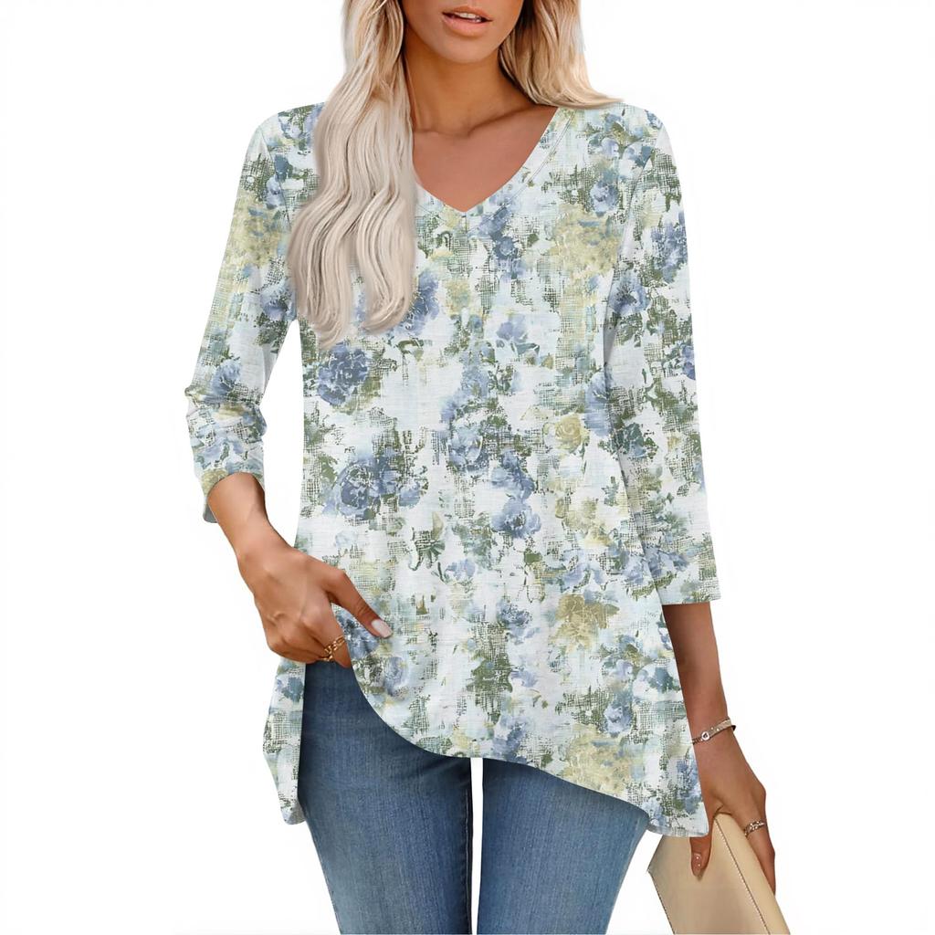 Womens Tops V-neck 3/4 Sleeve Blouses Casual Mid-length Shirts Fashion Print Tunic Tops