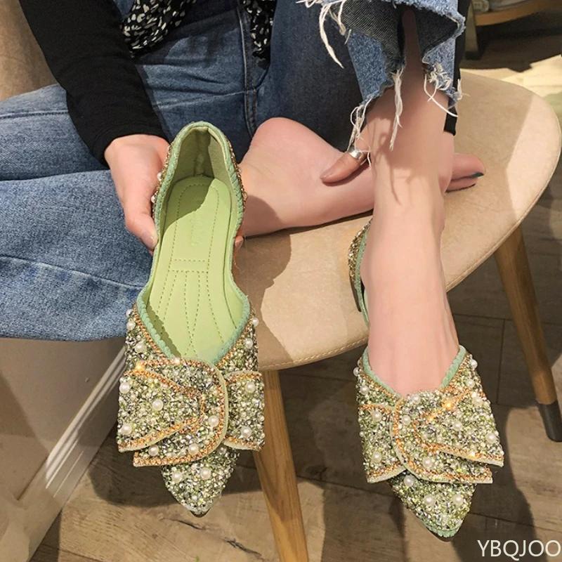 2026 Spring/Summer New Fashionable Shallow Mouth Pointed Women's Single Shoes Women's Bow Water Diamond Soft Bottom Flat Shoes