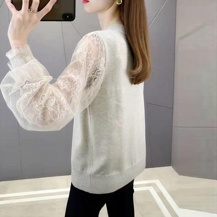 Hollow Out Ice Silk Knitted Shirt Women Spring 2023 New Lace Mesh Splice Underlay V-Neck Solid Long Sleeve Pullover Female Top