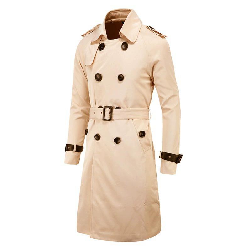 Mens Spring Autumn Windbreak Overcoat Long Trench Coats with Belt Male Pea Coat Double Breasted Solid Outerwear