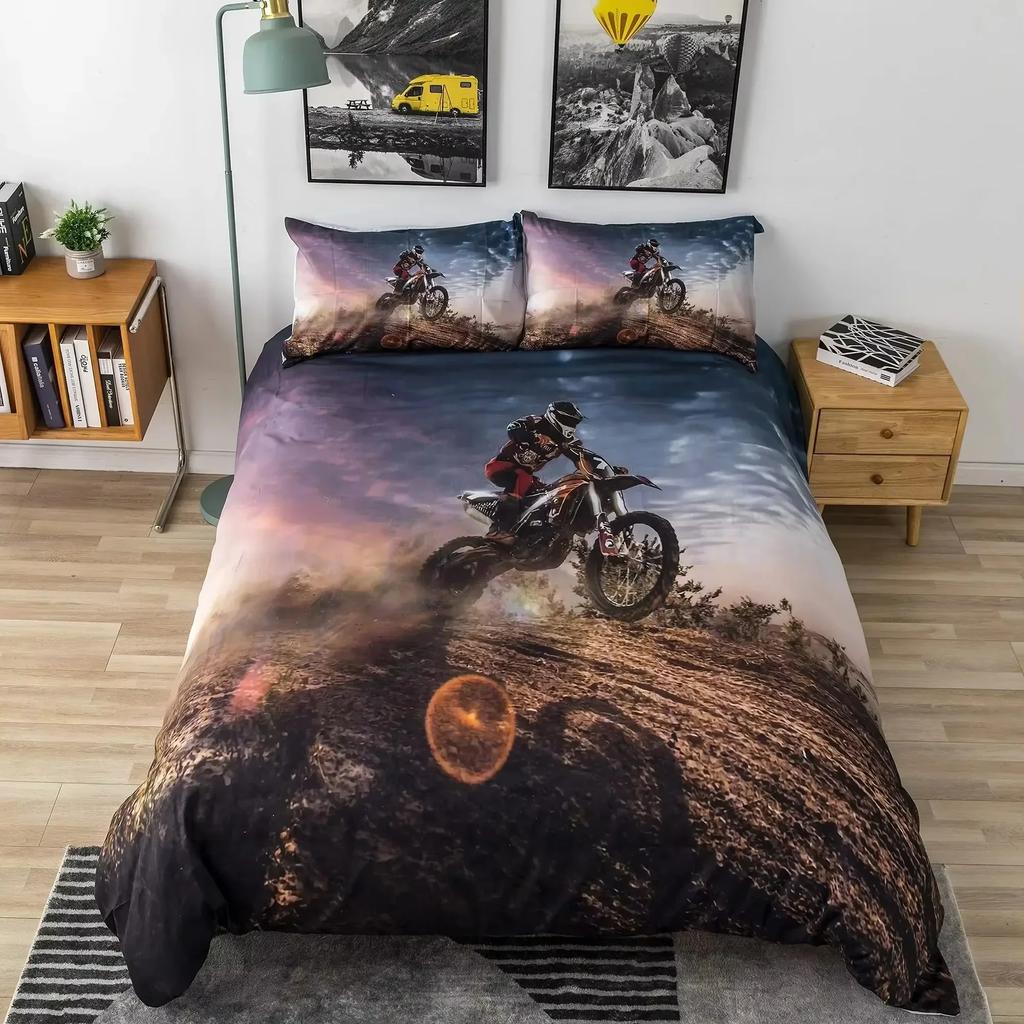 New 3D Print Dirt Bike Beding Set For Bedrom Soft Modern Bedspreads Comefortable Children Kids Soft Duvet Cover Comfortable Quilt Cover And Pilowcase