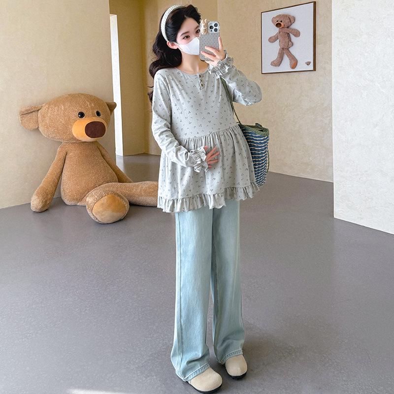 2026 Spring Korean Ruffle Lace Loose Maternity T-Shirt Medium