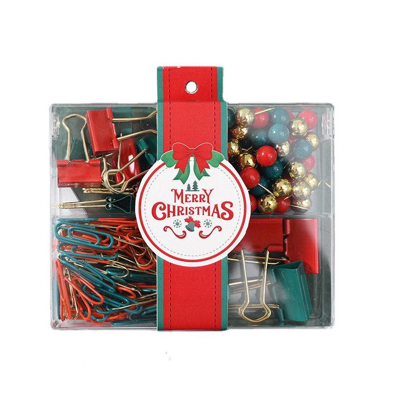 Christmas Gift Set: Red, Green & Gold Binder Clips, Paper Clips & Thumbtacks in Four-Grid Box