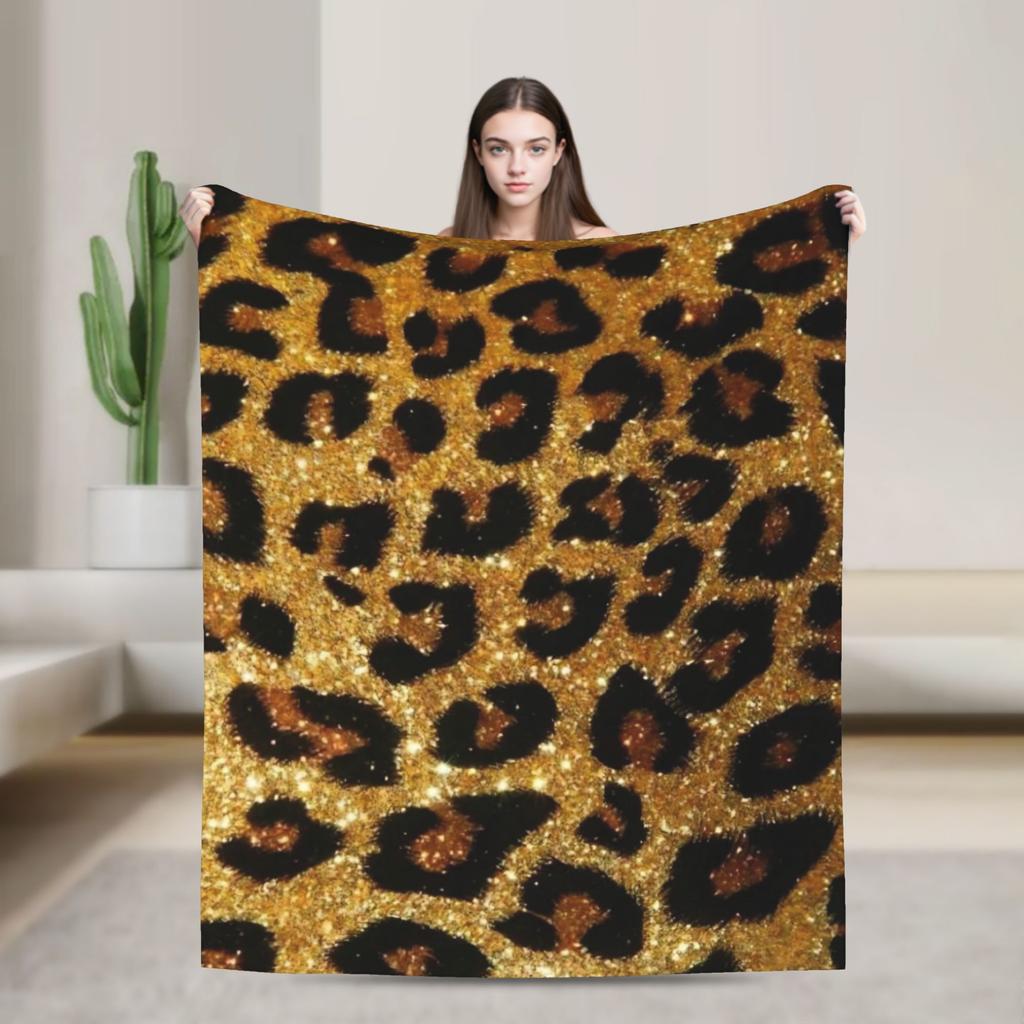 Leopard Knitted Blanket Fleece Faux Fur Warm Throw Blankets for Airplane Travel Bedroom Quilt