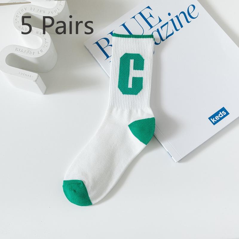 5 Pairs of Socks Cotton Spring and Summer Sports Mid-calf Checkerboard Basketball Socks Big C Green Blue Winter Tide Socks Men and Women