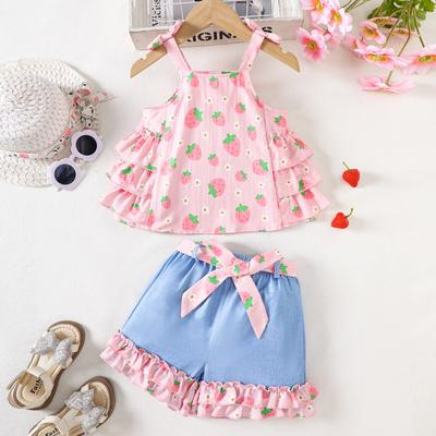 Girls' Casual Set Summer Children's Sweet Strawberry Print Halter Top Lace Imitation Denim Shorts Set