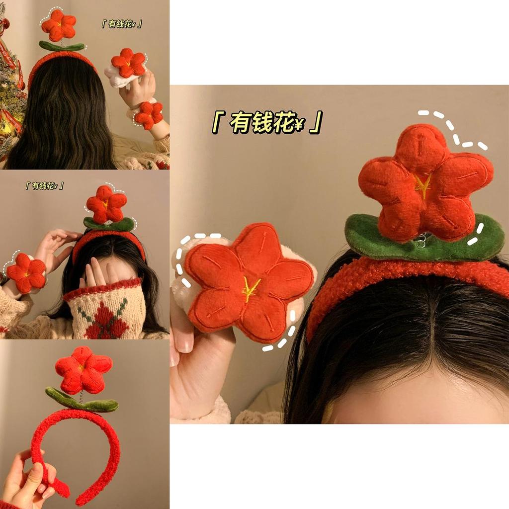 Cute Plush Flower Headband For Women Handmade Winter Wristband Set New Year Red Flower Hairband