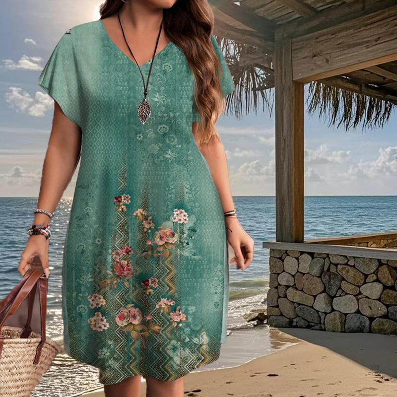 Sommermode Damen V-Ausschnitt Kurzarm Retro-Stil Bedrucktes Kleid Sex Kurzer Rock Kleider