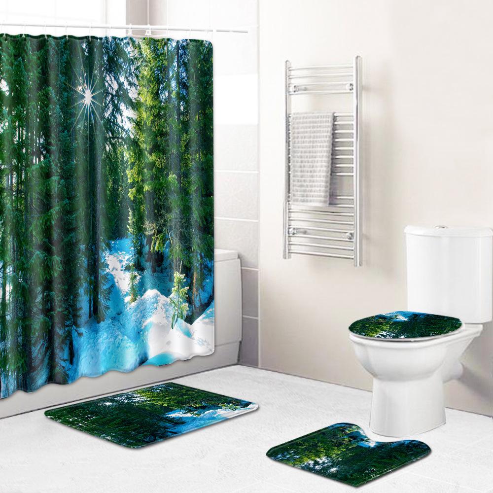 Landscape Shower Curtain Floor Mat Combination Four-Piece Set Bathroom Toilet Carpet Shower Room Mat Foot Mat