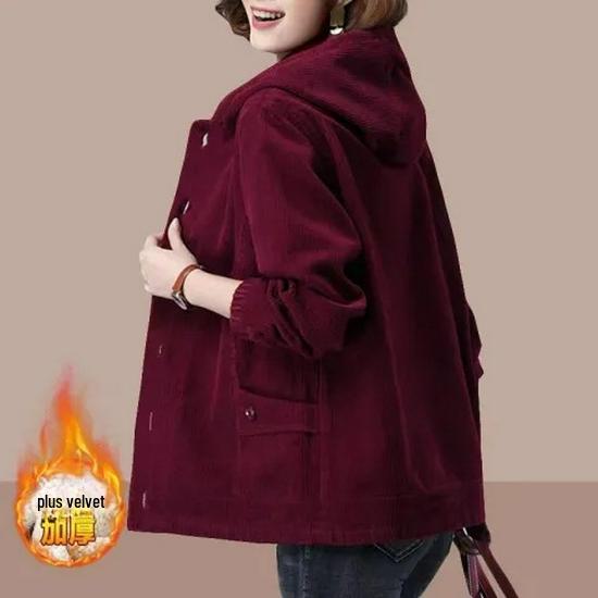 2023 Women's Korean Style Loose-Fit Corduroy Jacket with Velvet, Available In Plus Sizes for Spring, Autumn, and Winter.