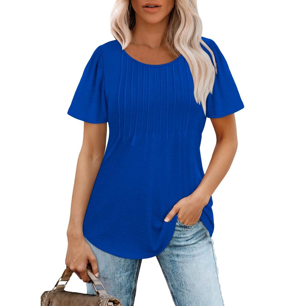 Women Short Sleeve Pleated T Shirt Casual Loose Fit Crew Neck Ruched Top Soft Lightweight Blouse for Daily Wear Office School