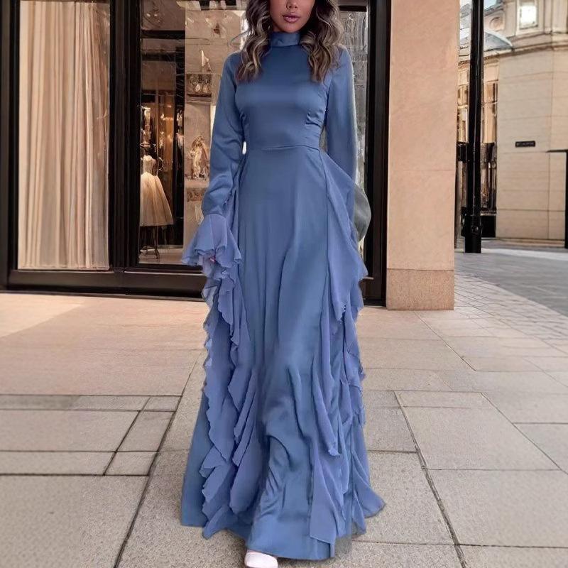 Frühling Europäische und Amerikanische Damenbekleidung Rundhals Trompetenärmel Temperament Hohe Taille Spleißband Kleid