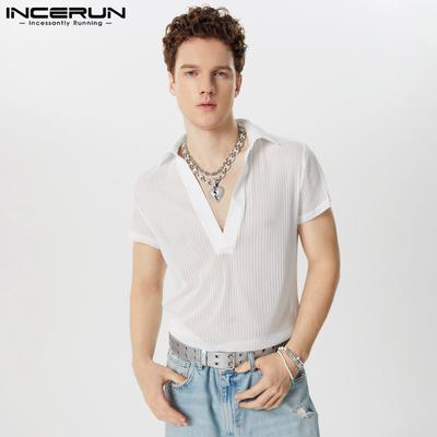 Herren T-Shirts mit V-Ausschnitt und Revers, durchsichtiges Netzgewebe, für den Sommer