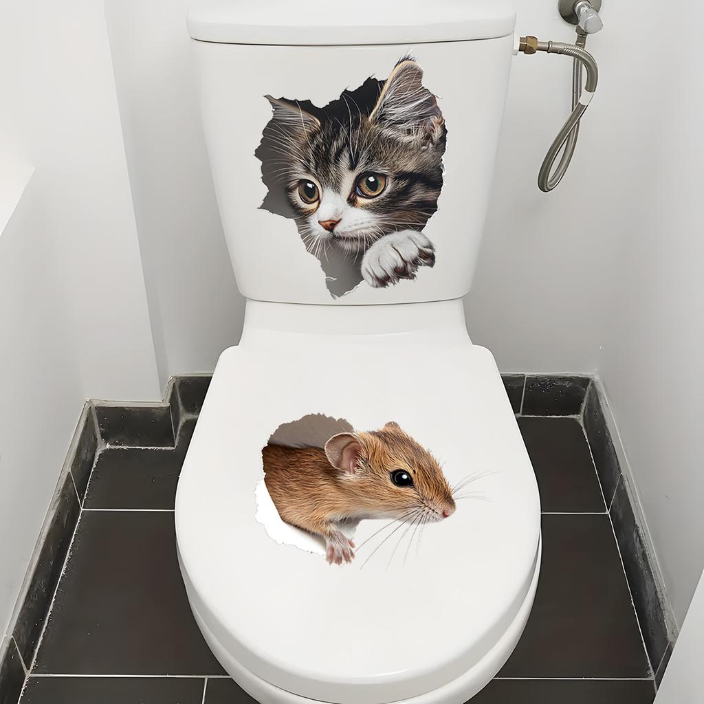 Playful Cat and Mouse Toilet Stickers, Waterproof Removable Self-Adhesive for Bathroom Decor
