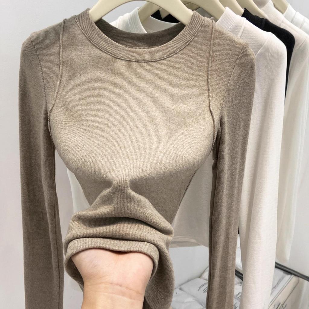 Women's Slim Fit Brushed Cotton Fleece Long Sleeve Base Layer Top for Autumn/Winter