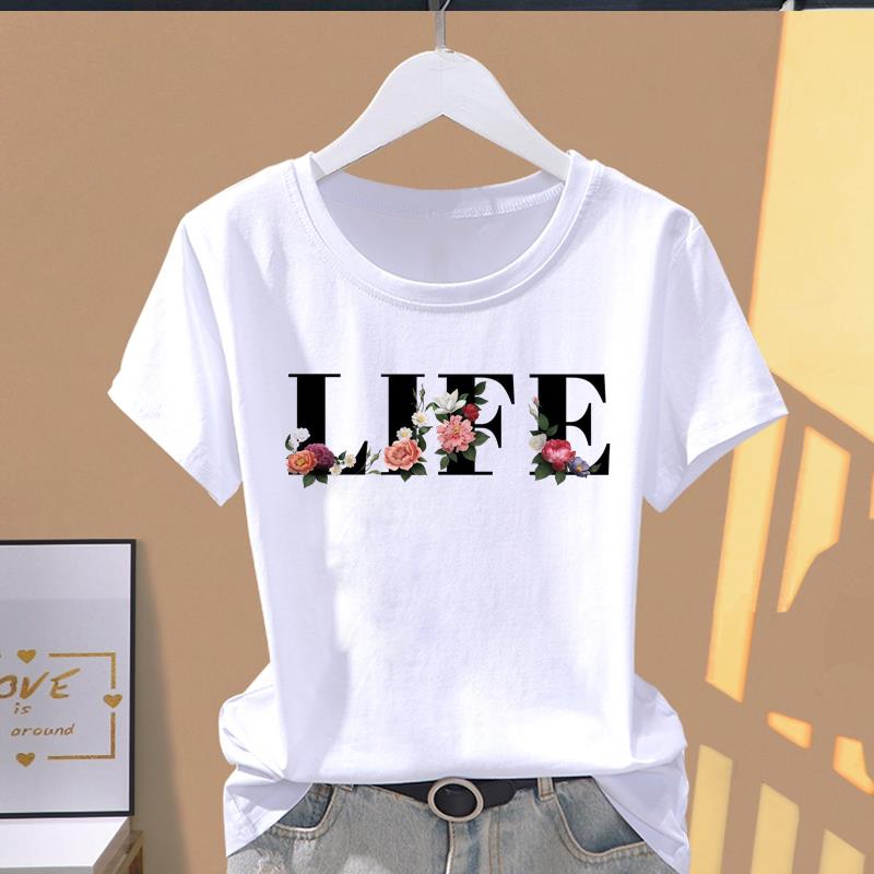 (Asian Size) Top O-neck Tee Fashion Print love style trend Casual Short Sleeve T-shirts T Graphic Female Women's Clothing