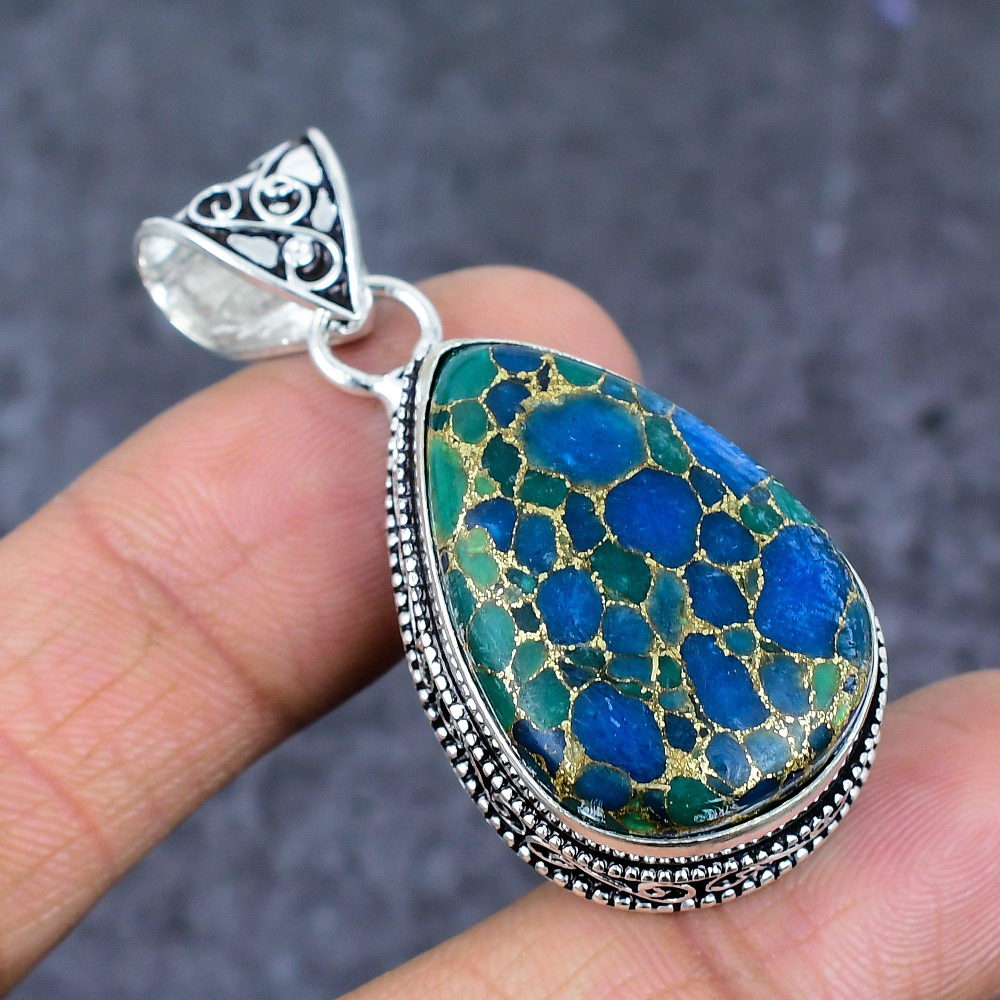 Copper Blue Turquoise Ethnic 925 Sterling Silver Jewelry Pendant 2.05  d3l48