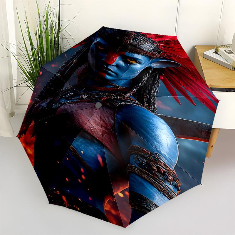 Avatar Inspired Feather Headdress with Automatic Opening Umbrella Portable 3 Fold Design, 8 Bone Iron Frame Outdoor Umbrella for Fans and Tr