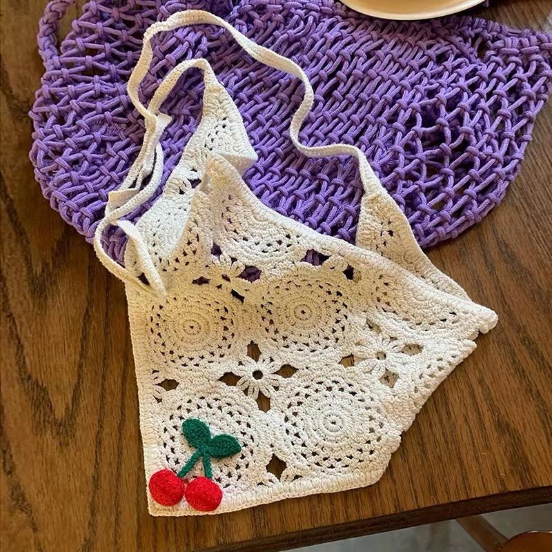 Knitted Triangle Headband Cute Little Cherry French Pastoral Style Headband Towel Crochet Flower Headscarf