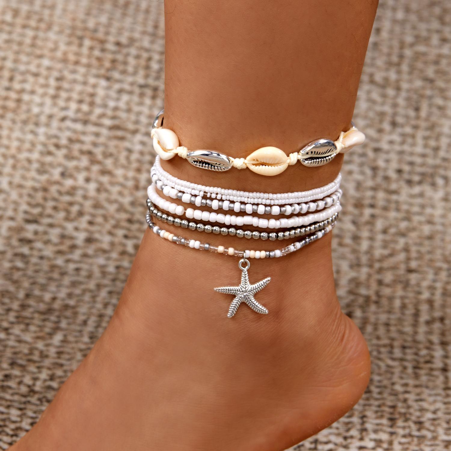 

7Pcs/Set Bohemian Rice Beads Starfish Pendant Anklets for Women Multilayer Stackable Ankle Bracelet On Foot Summer Beach Jewelry