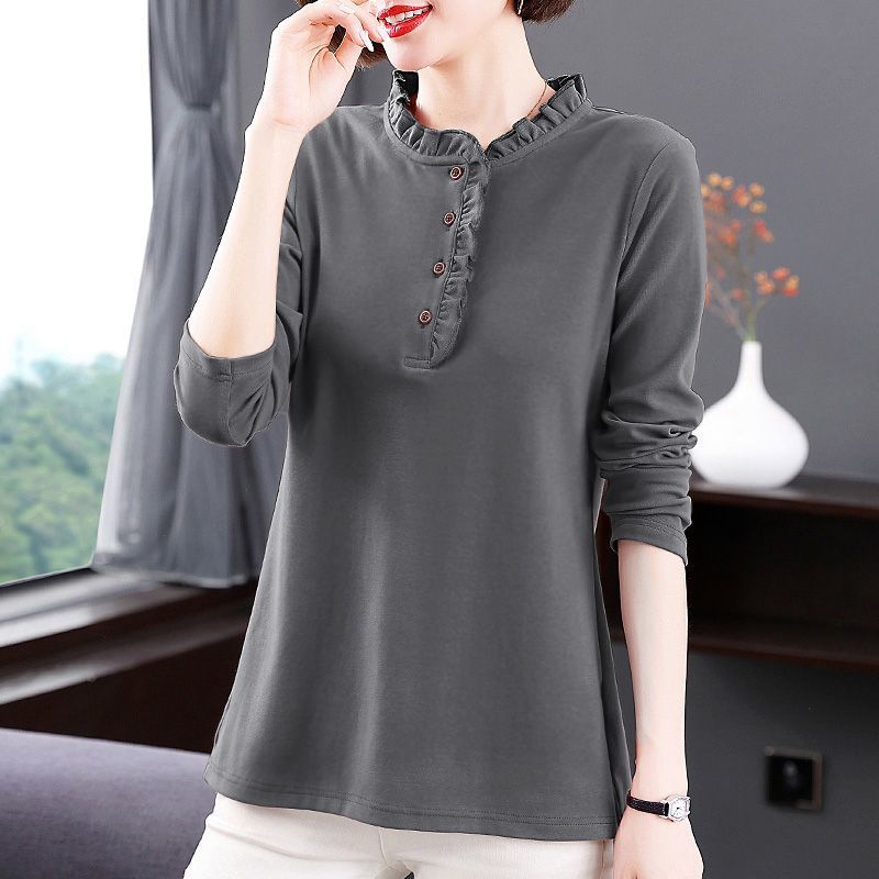 

Хлопковая рубашка больших размеров для женщин, весна-лето и осень, футболка с длинными рукавами для мам среднего возраста, универсальный женский топ XS серый