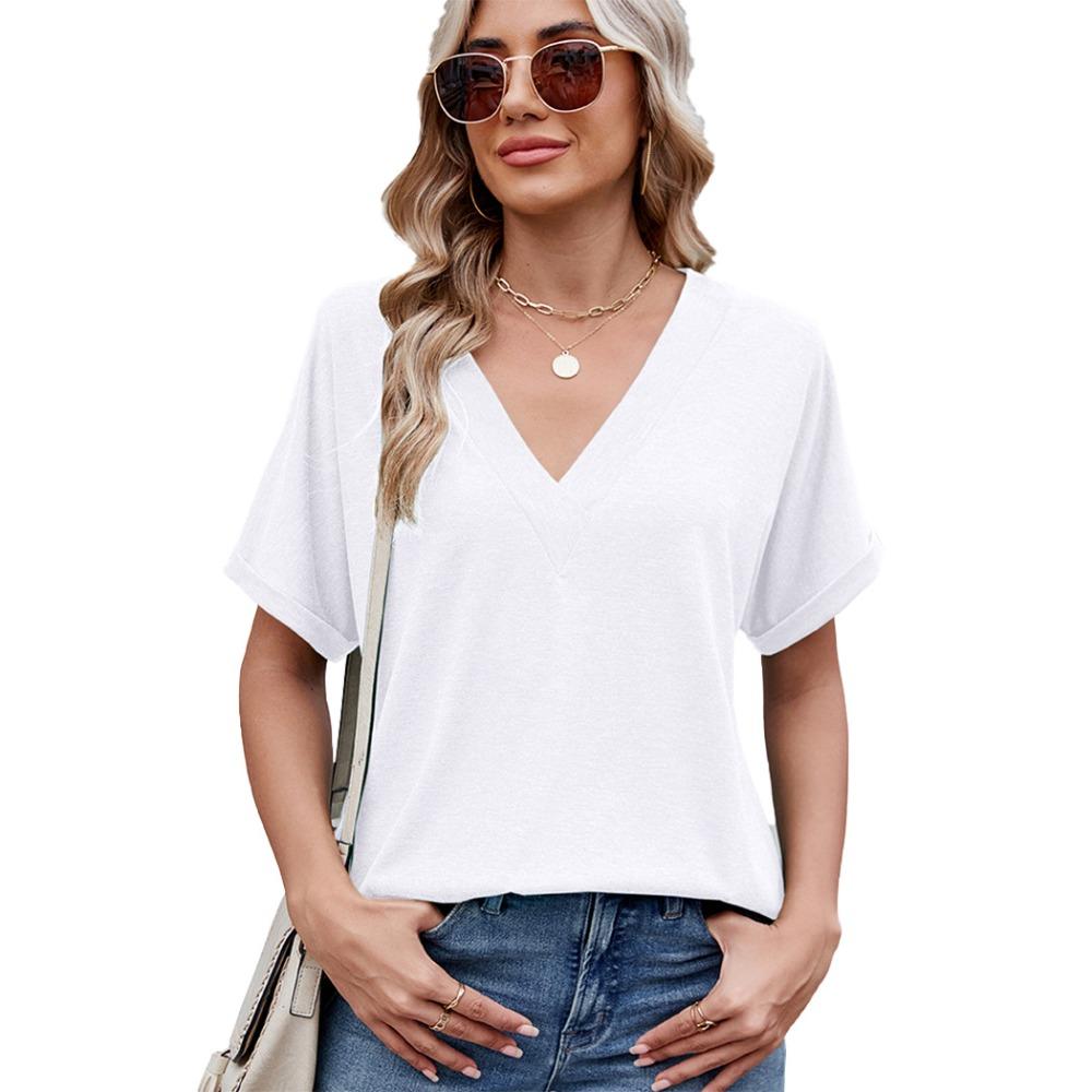 Women s Deep V‑Neck Dolman Short Sleeve T‑Shirt Loose Fit Casual Solid Spring Summer Women Top S