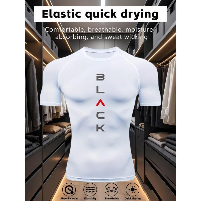 Mens White Compression Short Sleeve T-Shirt Vertical Black And Red Letter Graphic Quick Dry Elastic Breathable Gym Workout And Running Athletic Top