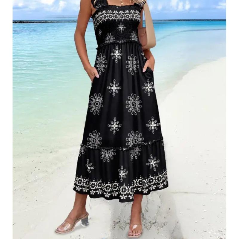 Sommer neues bedrucktes Neckholderkleid und Strandlanges Kleid