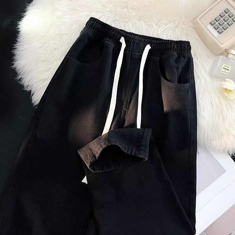 Pantaloni in Denim Elasticizzati a Vita Alta Taglie Forti Donna Primavera Estate - Dimagranti Dritti Larghi a Gamba Larga Lunghezza Pavimento