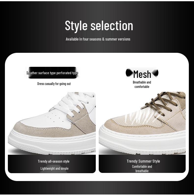 Spring Men's Height-Increasing Leather Sneakers: Non-slip, Wear-resistant, Trendy, and Versatile Casual Board Shoes