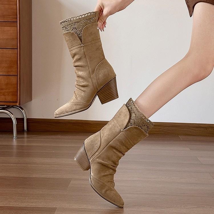 Vintage pointed Maillard thick-soled thick-heeled heightened medium boots temperament lace edge versatile pleated stacked knight boots