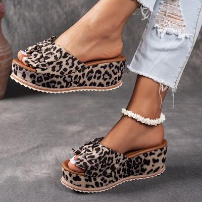 Sandálias de Plataforma com Estampa de Leopardo Estilosa para Mulheres com Detalhe de Laço - Sola EVA Antiderrapante, Sapatos de Plataforma de Salto Alto para Uso Casual, Calçado Casual Leopardo