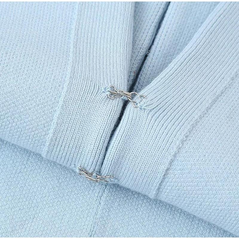 Fashion Knitted Skirt Sets For Women Elegant V-neck Lantern Sleeve Tops Hip Package Mini Skirts Street Lady Sets