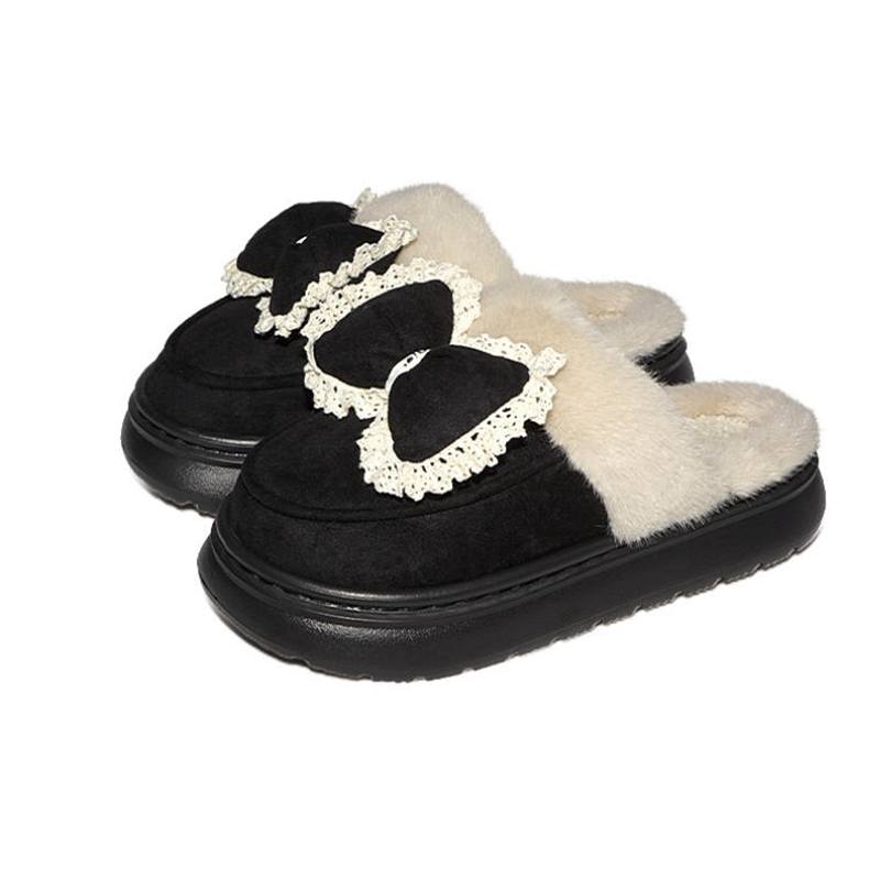 Women's Winter Fluffy Fleece Indoor Sandals Warm Room Fur Bow Slippers for Home Slip On Plush Shoes EVA Lightweight Comfort House Shoes for Bedroom