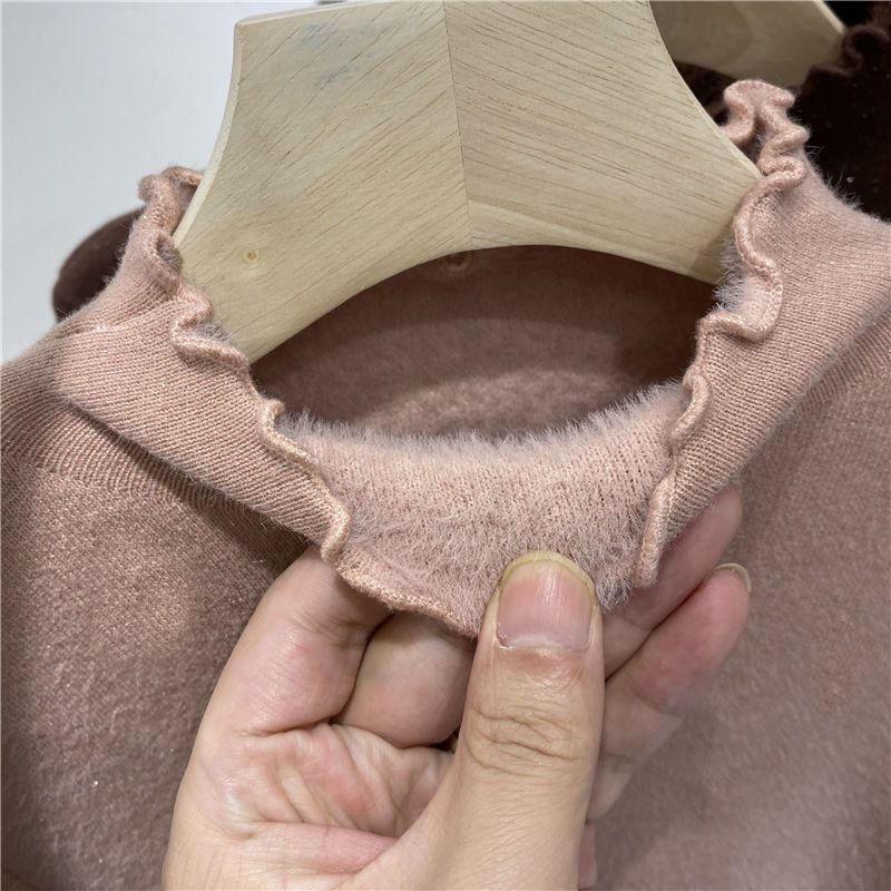 Solid Retro Plus Velvet Padded Knitted Bottoming Shirt Women Autumn Winter New Fashion Long Sleeved Tops Casual Pullover