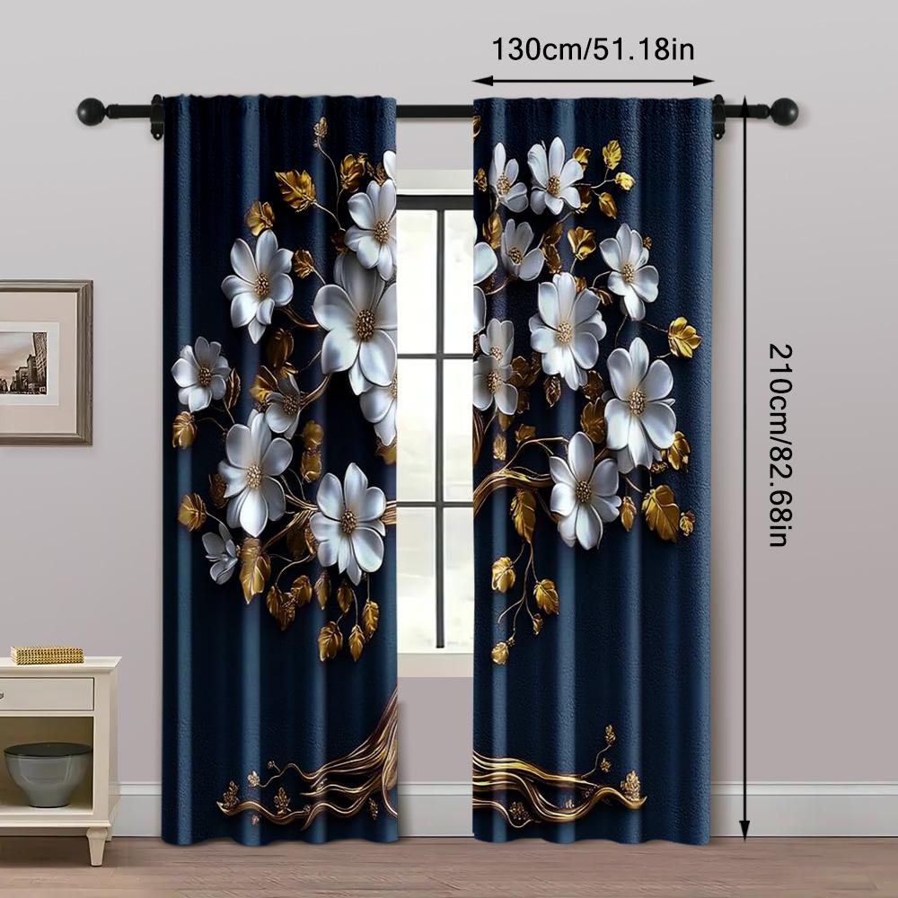 2pc,  Drapes elegant 3d blue & golden tree of life tapestry polyester wall hanging for living room bedroom and home decor Light
