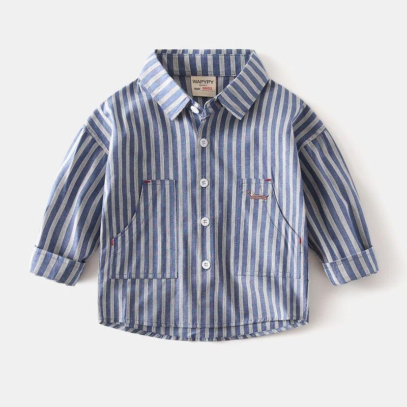 Boys' Striped Shirt Spring and Autumn Children's Clothing Baby Boy Casual Embroidered Long-Sleeved Shirt Children's Collared Shirt Top
