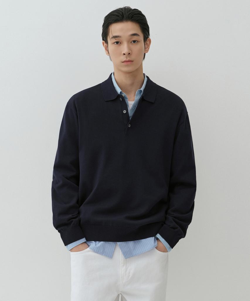MUSINSA STANDARD Washable Supima Cotton Long Sleeve Knitted Polo Shirt [Navy]